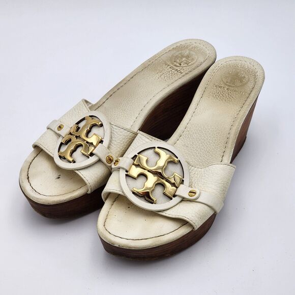 Tory Burch Selma White Leather Wedge Slides Sandals Size 10 - Picture 3 of 12
